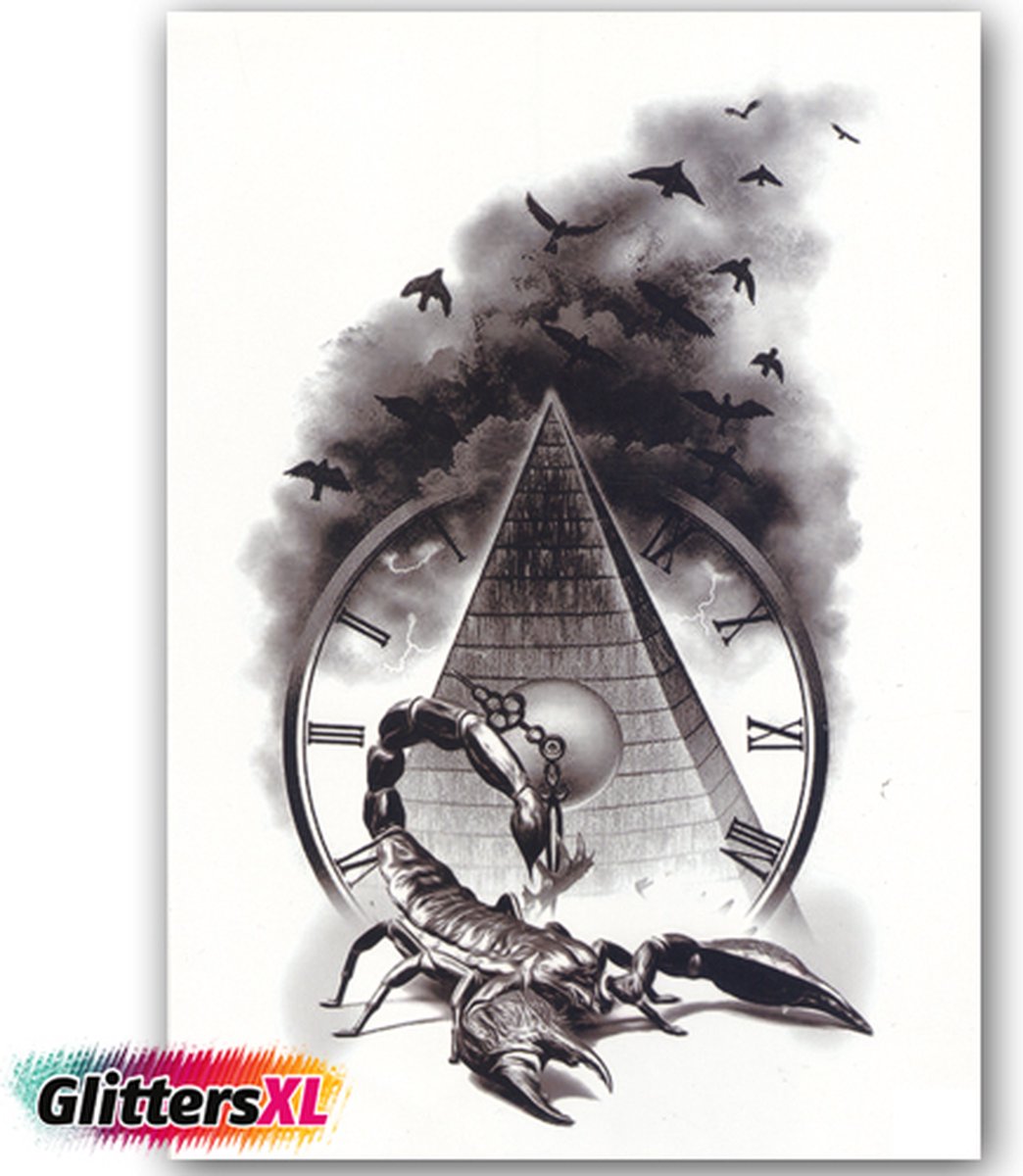 GlittersXL - Temporary Tattoo Piramide/Schorpioen (A5 formaat) [Neptattoo - Tijdelijke tatoeage - Nep Fake Tattoos - Water overdraagbare festival sticker henna outfit tattoo - Glitter tattoo - Volwassenen Kinderen Jongen Meisje]